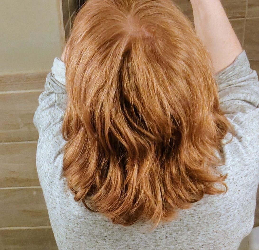 My hair after shampooing, no conditioner, no styling products, nothing but air drying.